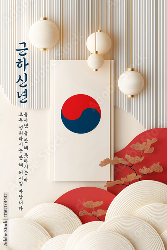 Seollal, Korean Lunar New Year Lantern template with red, blue Taegeuk pattern, white and gold minimalist interior design, with traditional holiday hanging lanterns, with a serene and elegant feel photo