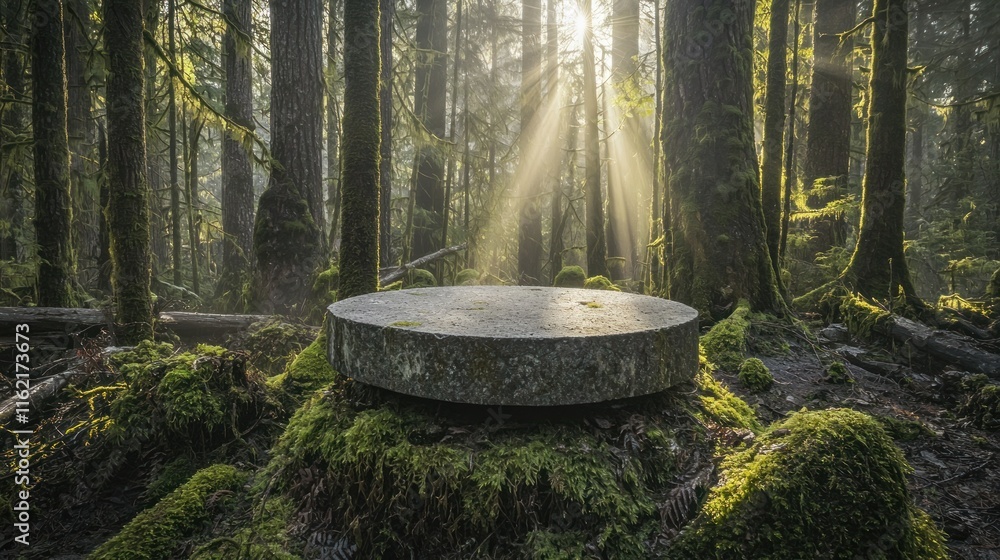 Forest scene with a moss-covered circular platform. Forest scene with a moss-covered circular platform.