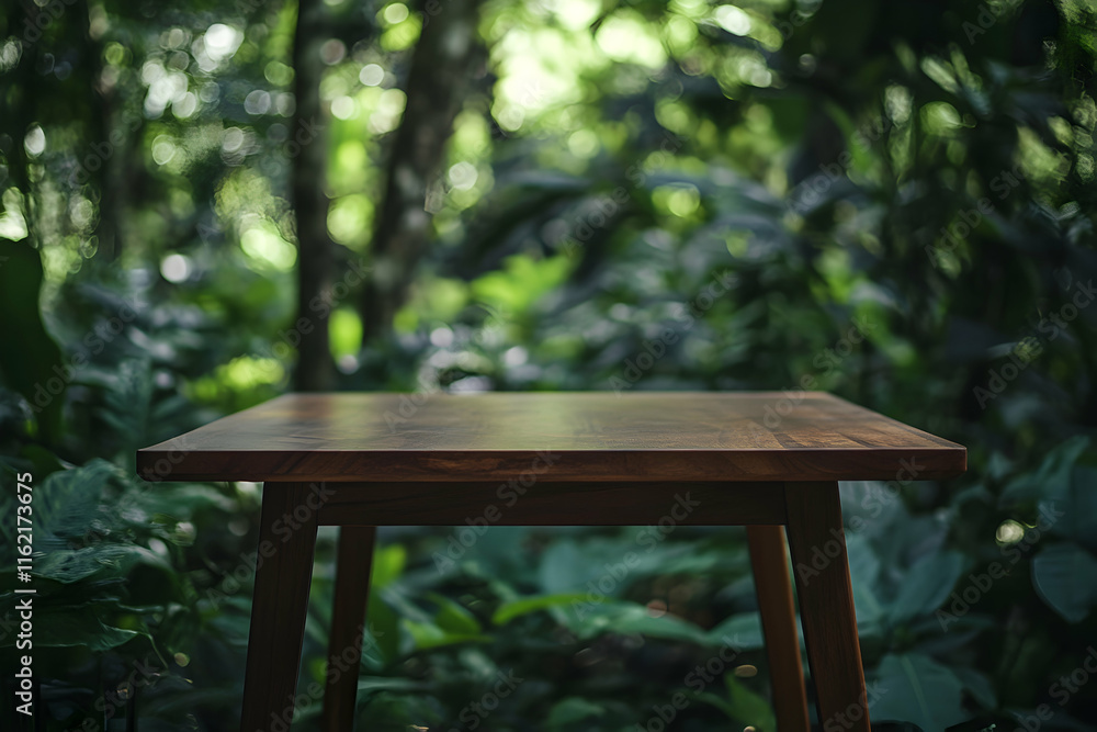 Wooden table in a forest setting with lush green plants and a soft blur effect in the background Wooden table in a forest setting with lush green plants and a soft blur effect in the background