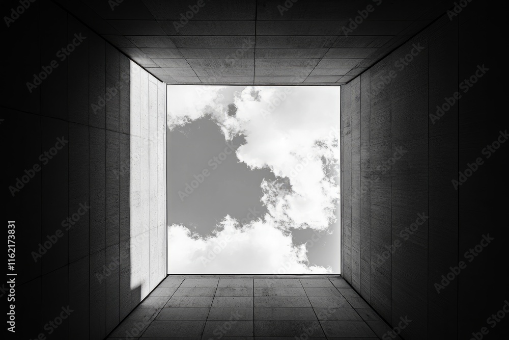 View of cloudy sky from inside concrete building with square opening View of cloudy sky from inside concrete building with square opening