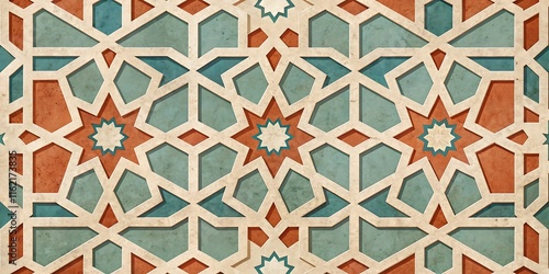 Intricate geometric islamic art pattern with star and polygon motifs in earthy tones of blue, red, and beige - traditional middle eastern decorative design for architectural and artistic use