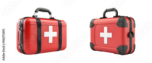 set of Red First Aid Kit with White Cross isolated on transparent background, cut out