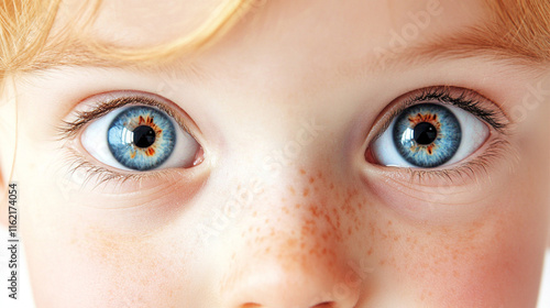 A child leaning slightly forward with eyes widened in interest. This expression of curiosity shows their eagerness to learn and explore the world around them on white studio background  photo