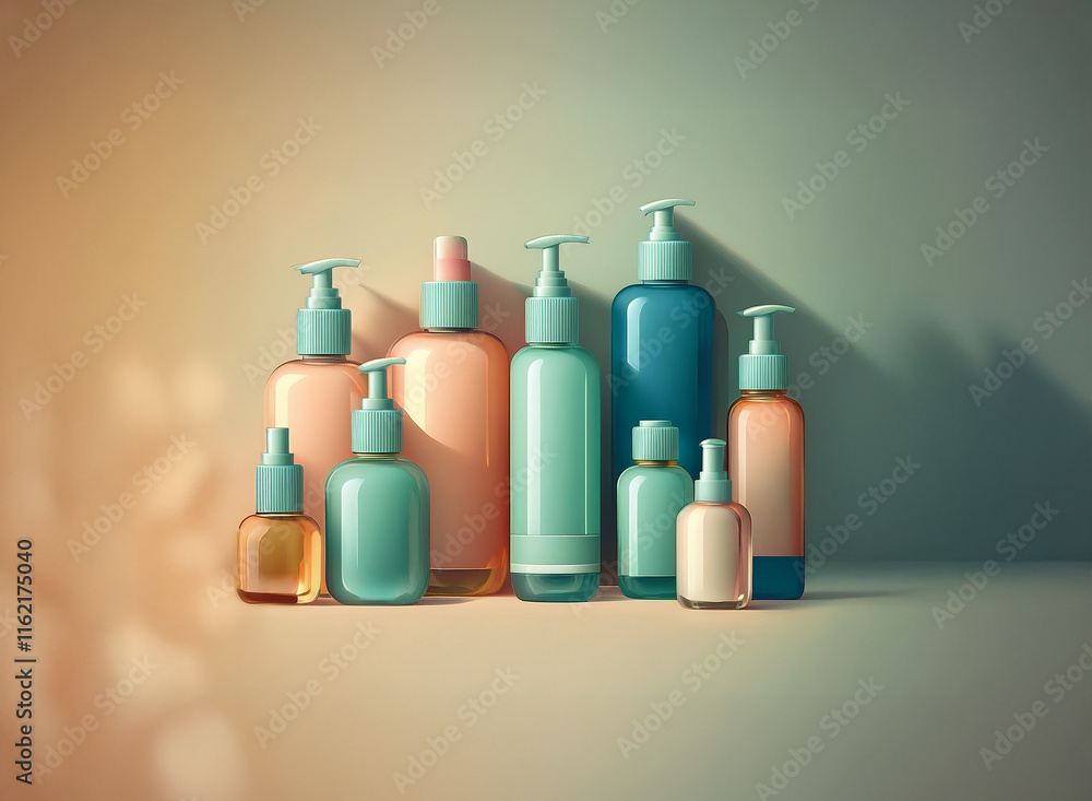 A collection of skincare bottles in pastel shades of peach and teal, showcasing various sizes and pump styles. Soft lighting casts gentle shadows. A collection of skincare bottles in pastel shades of peach and teal, showcasing various sizes and pump styles. Soft lighting casts gentle shadows.