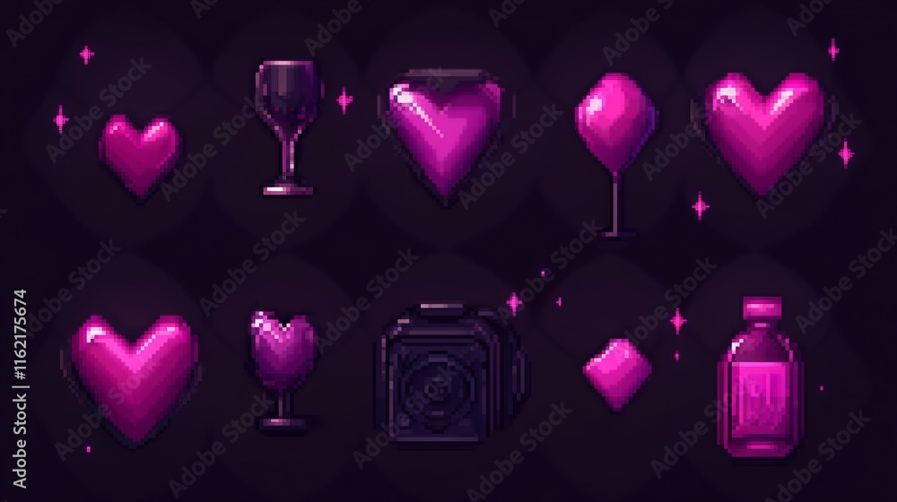 Pixel Art Hearts, Drinks, and Camera Romantic UI Icons Pixel Art Hearts, Drinks, and Camera Romantic UI Icons