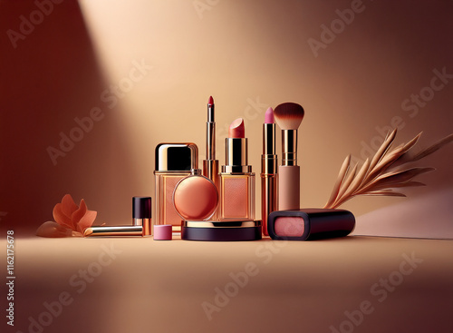 Elegant arrangement of makeup products: lipstick, lip gloss, blush, foundation, and brushes, artfully displayed with dried flowers and soft lighting.  A luxurious, warm color palette creates a sophist photo