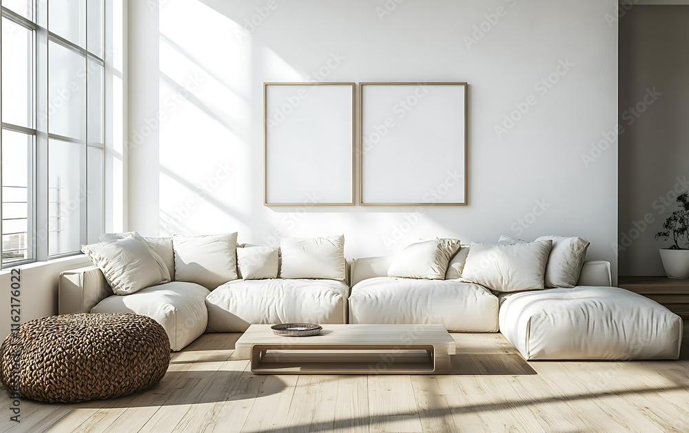 Sunlit minimalist living room with sectional sofa, coffee table, and blank frames. Sunlit minimalist living room with sectional sofa, coffee table, and blank frames.