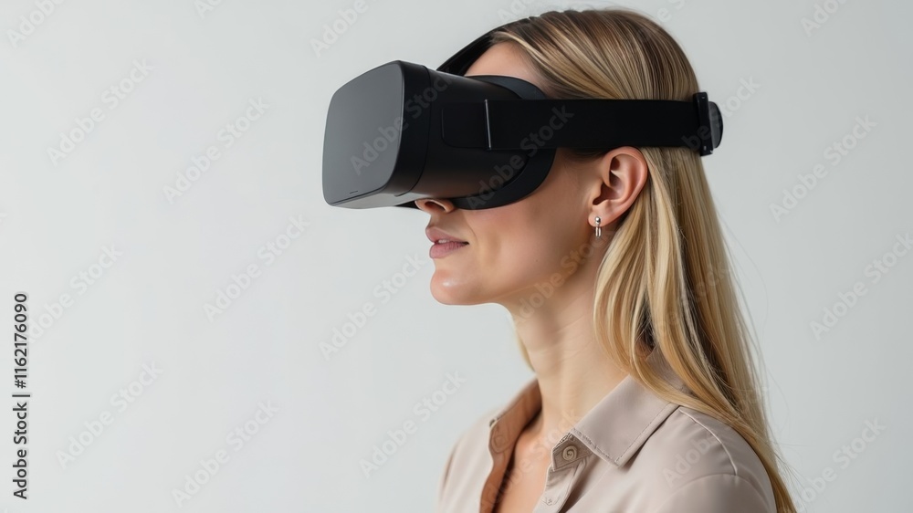 blonde woman in virtual reality glasses on gray background blonde woman in virtual reality glasses on gray background