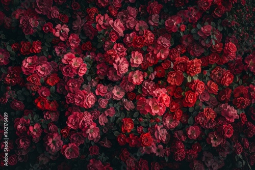 Natural fresh red roses flowers pattern wallpaper. top view, Red rose flower wall background. MZ