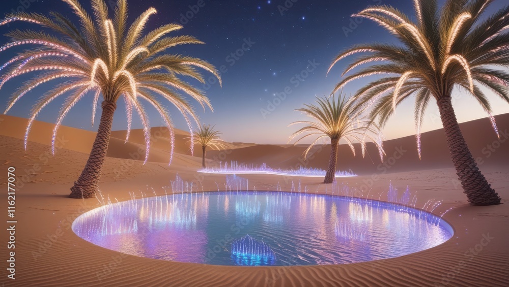 Naklejka premium Illuminated Oasis Pool Amidst Desert Palm Trees