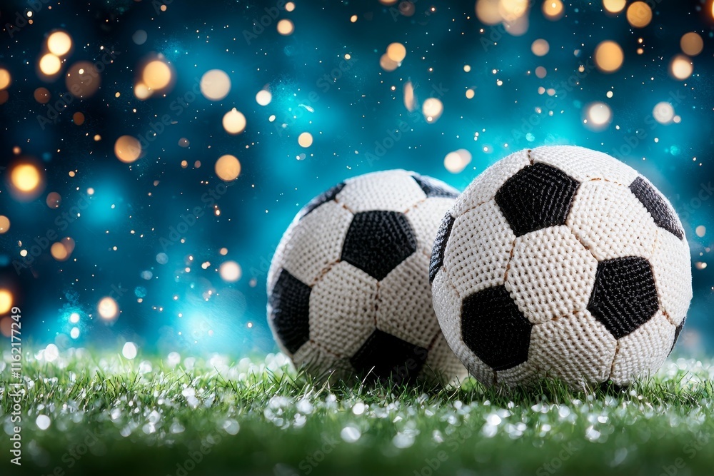 Two Soccer Balls on Grass Night Scene Bokeh Lights Two Soccer Balls on Grass Night Scene Bokeh Lights