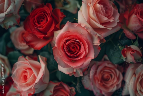 Natural fresh red roses flowers pattern wallpaper. top view, Red rose flower wall background. MZ