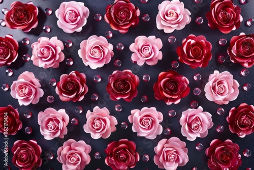 Natural fresh red roses flowers pattern wallpaper. top view, Red rose flower wall background. MZ