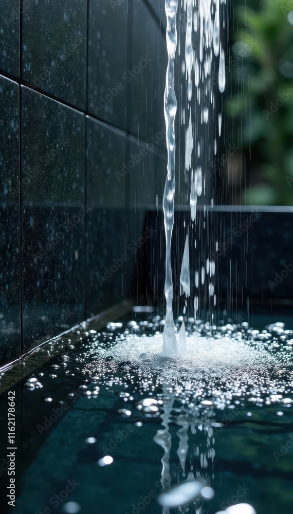 Misty water stream in a contrasting shower environment, sleek, contrast Misty water stream in a contrasting shower environment, sleek, contrast