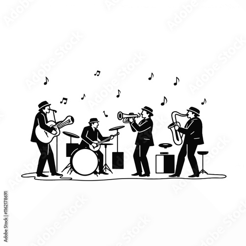 Jazz band playing music with instruments on a white background