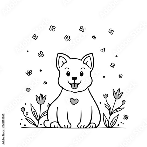 Cute dog with a heart sitting among flowers