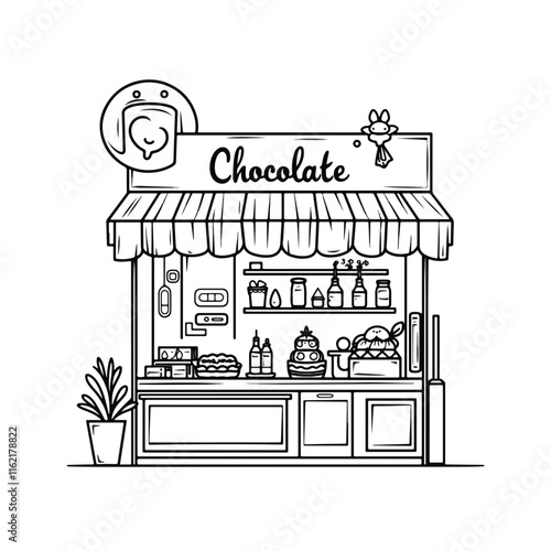 Chocolate shop illustration with desserts in black and white