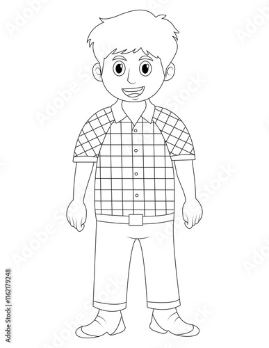 Ottawa, Canada, the child wears a traditional Canadian outfit, such as a lumberjack-style shirt with simple trousers. traditional Canadian outfit boy coloring page for kids. boy coloring page  photo