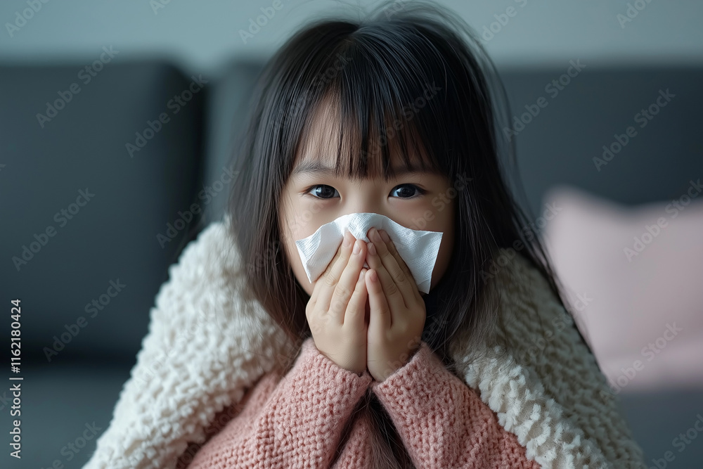 Sick asian child blowing nose at home covered in blanket Sick asian child blowing nose at home covered in blanket