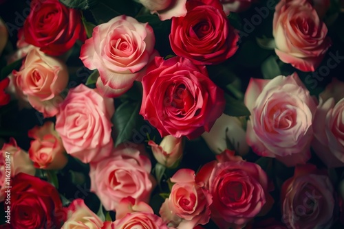 Natural fresh red roses flowers pattern wallpaper. top view, Red rose flower wall background. MZ