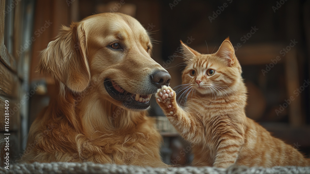 golden retriever and ginger cat share playful moment together golden retriever and ginger cat share playful moment together
