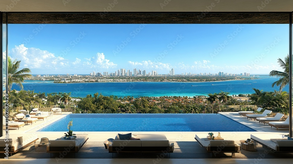 Fototapeta premium Luxurious poolside view overlooking a vibrant cityscape.