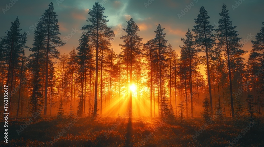 A serene forest landscape at sunset, with rays of light filtering through tall trees. A serene forest landscape at sunset, with rays of light filtering through tall trees.