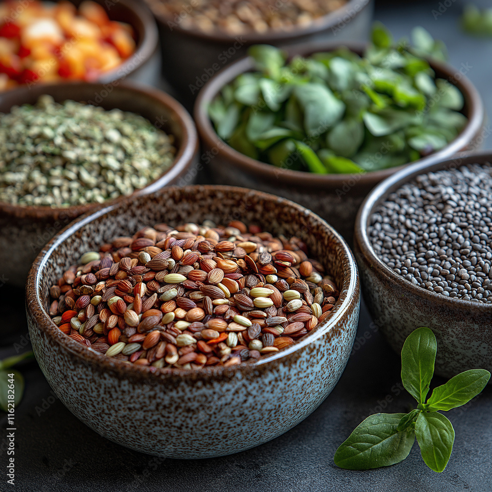 Fototapeta premium Variety of seeds and herbs in rustic bowls