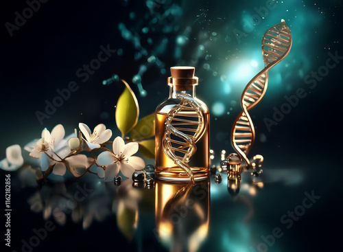 A glass bottle filled with golden liquid, reflecting a DNA double helix, rests beside delicate white blossoms and metallic spheres.  The scene is dark, with teal accents, suggesting scientific discove photo