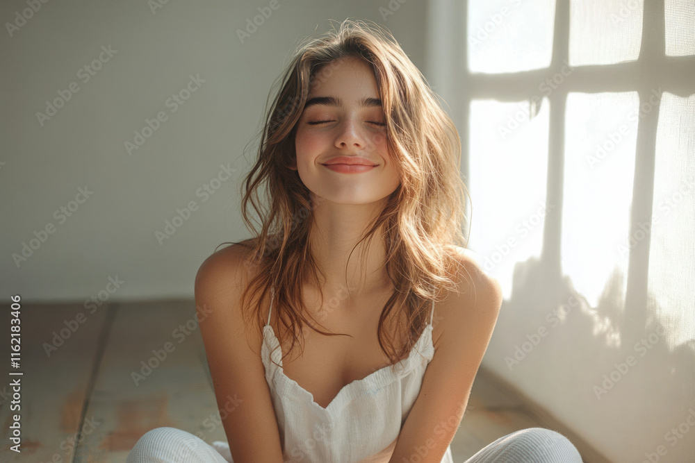 A young woman with light brown hair, wearing a white top, sits peacefully with her eyes closed, bathed in sunlight. A young woman with light brown hair, wearing a white top, sits peacefully with her eyes closed, bathed in sunlight.