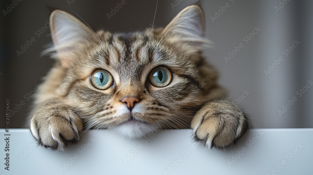 fluffy gray cat cautiously peeking over white table, curious and alert fluffy gray cat cautiously peeking over white table, curious and alert