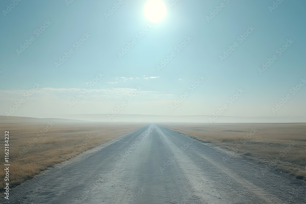 Hazy road leading into a bright sunny horizon with a blue sky backdrop Hazy road leading into a bright sunny horizon with a blue sky backdrop