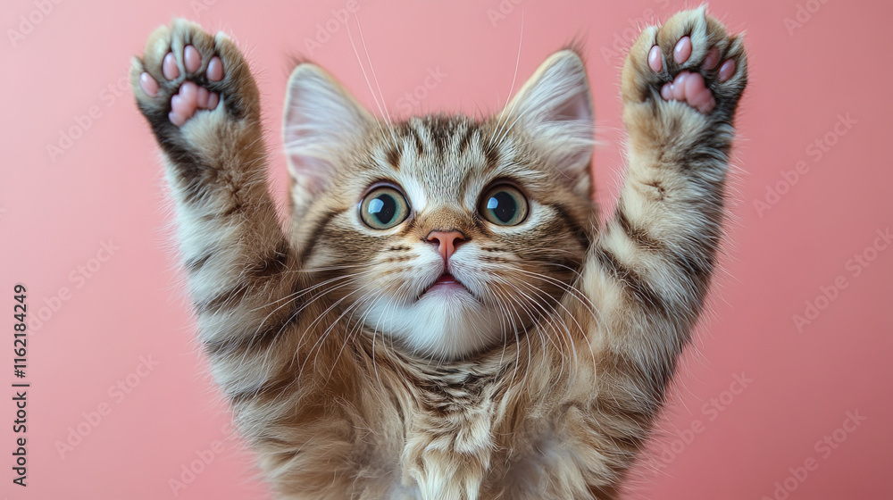 Fototapeta premium Fluffy Persian cat with paws raised, expressing curiosity and playfulness