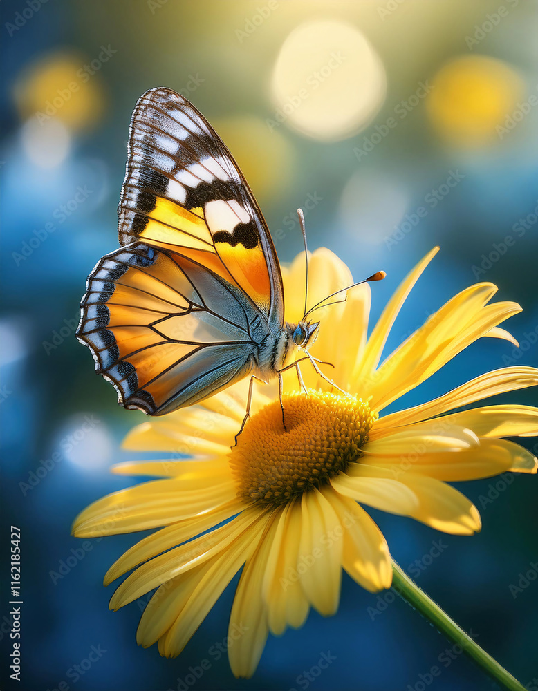A delicate butterfly gracefully sips nectar from a bright yellow daisy, showcasing its vibrant wings. The cheerful moment captures the essence of springtime's renewal and beauty A delicate butterfly gracefully sips nectar from a bright yellow daisy, showcasing its vibrant wings. The cheerful moment captures the essence of springtime's renewal and beauty