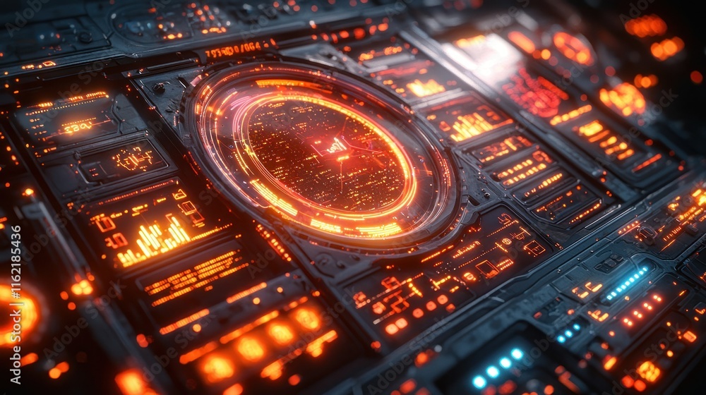Obraz premium Futuristic control panel with glowing interfaces and data.