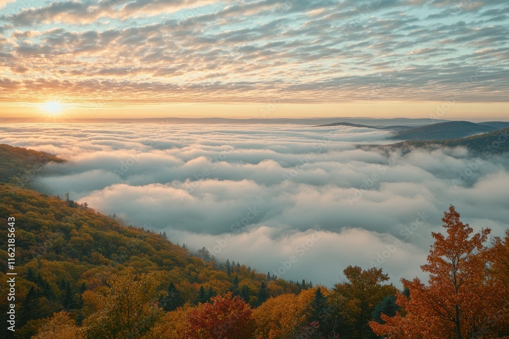 Fototapeta premium A breathtaking sunrise illuminates a valley filled with thick fog, creating a dreamy atmosphere. Autumn trees display brilliant colors, enhancing the picturesque landscape.