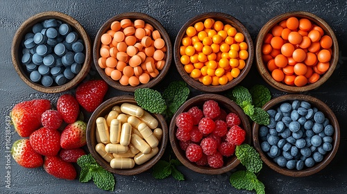 Healthy food promotion featuring fresh fruits and supplements vibrant advertisement poster in kitchen environment photo