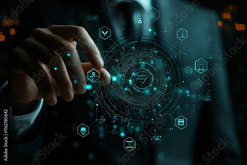 A lawyer who possesses justice icons. Virtual symbols representing justice, law, and legal services are touched by a qualified legal practitioner. Generative Ai