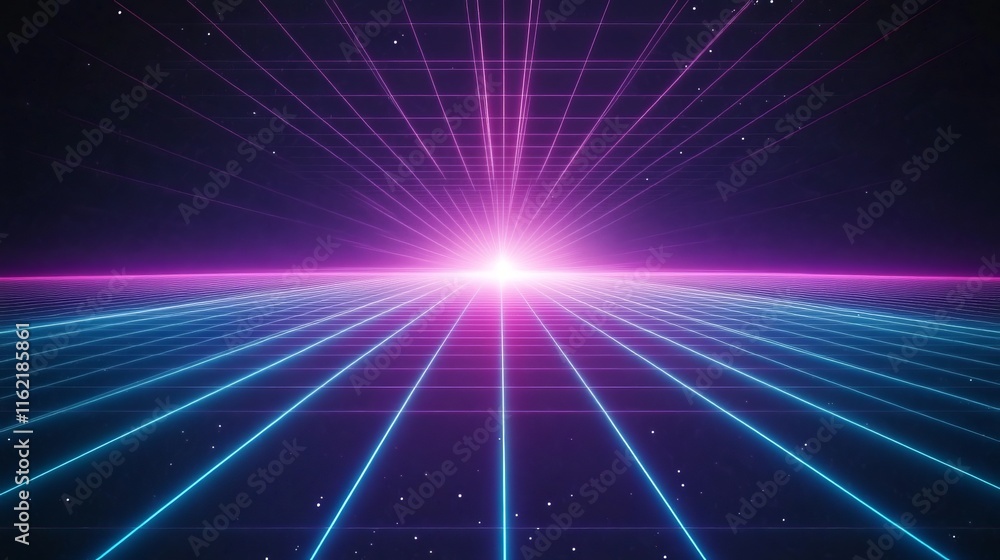 Retro Cyberpunk Grid Neon Lines and Bright Horizon Retro Cyberpunk Grid Neon Lines and Bright Horizon