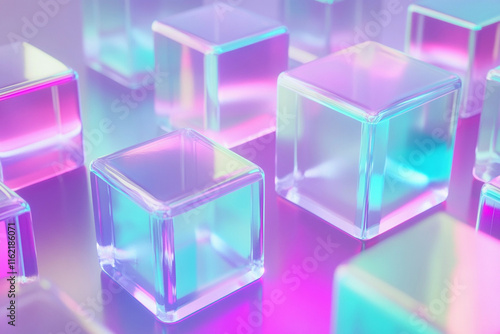 Holographic Embrace: A stunning blend of overlapping translucent, geometric shapes glowing in vibrant hues. These shapes suggest the connection between technology and human emotion, with reflections  photo