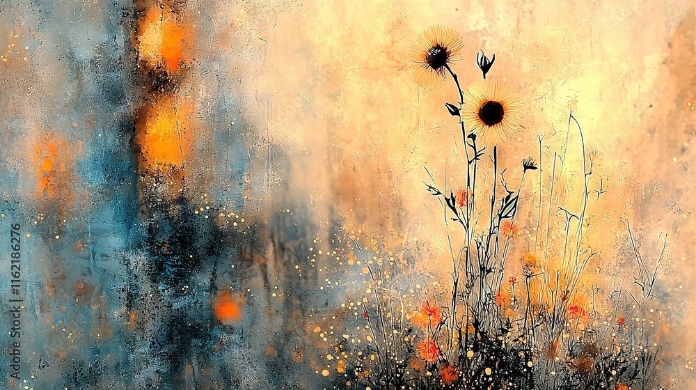 Φωτογραφία Painting of sunflowers in a field with splattered yellow and blue on the wall