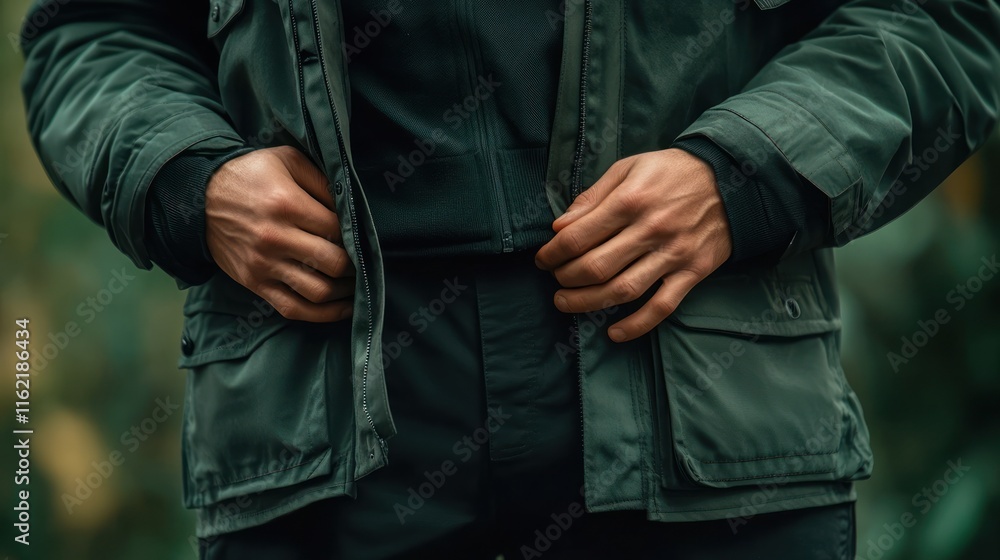Man adjusting olive green jacket. Man adjusting olive green jacket.