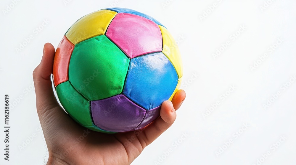 Hand holding colorful small soccer ball. Hand holding colorful small soccer ball.