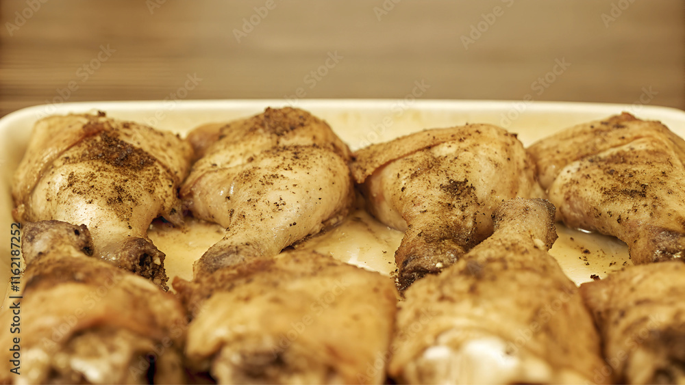 Baked chicken thighs on a baking tray with golden crispy skin Baked chicken thighs on a baking tray with golden crispy skin