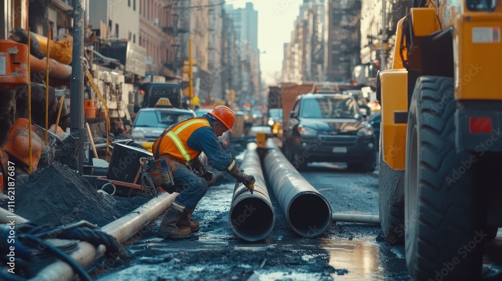 Fototapeta premium Urban street construction worker installing pipes.
