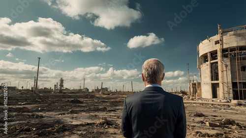 Professional businessman addressing the impacts of climate change on economic disparity, captured with a wide-angle view for spacecopy

 photo