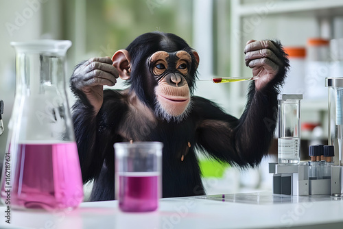 Intelligent primate celebrating a successful experiment in a well-equipped scientific lab photo