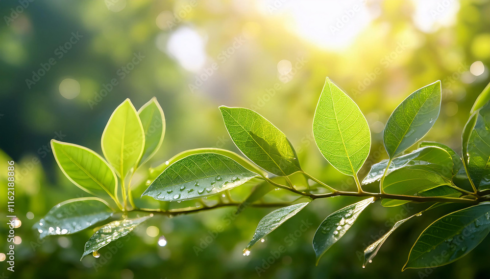 Obraz premium Delicate green leaves gleam with shimmering raindrops, capturing the warmth of soft sunlight in the refreshing embrace of the spring season, creating a cheerful atmosphere