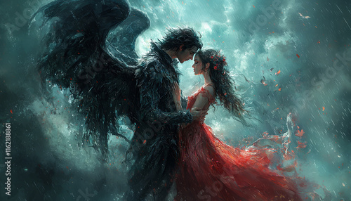 Mystery romance fantasy, demon, black angel with woman, couple. Love, relationship