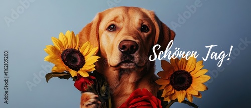 Labrador Retriever mit Sonnenblumen und Rosen  Schönen Tag photo